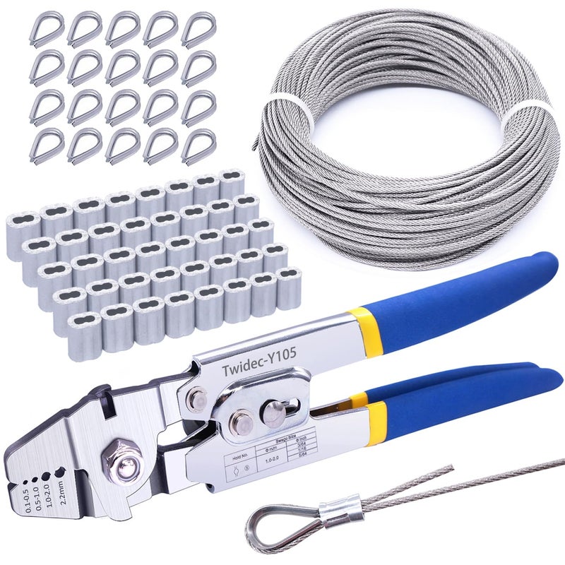 Twidec/Wire Rope Crimping Tool Kit Up To 2.2mm Swaging Tool With 165FT 1/16'' 304 stainless steel Wire Rope And 150PCS 1/16''Aluminum Crimping Loop Sleeve 20PCS Wire Rope Thimbles - Image 1